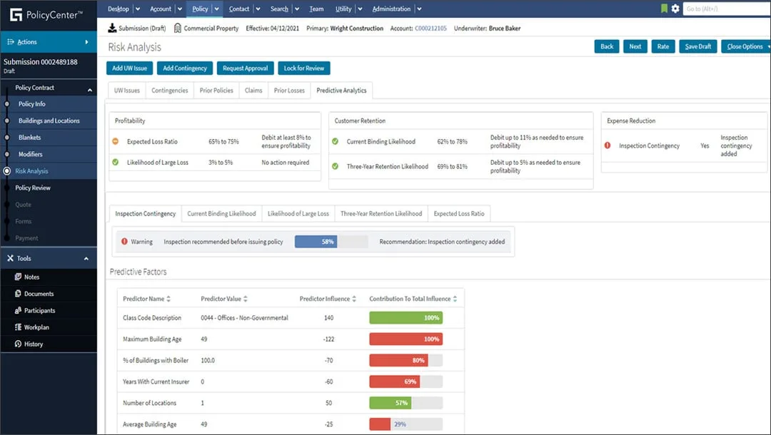 Guidewire PolicyCenter risk analysis screen for a commercial property submission