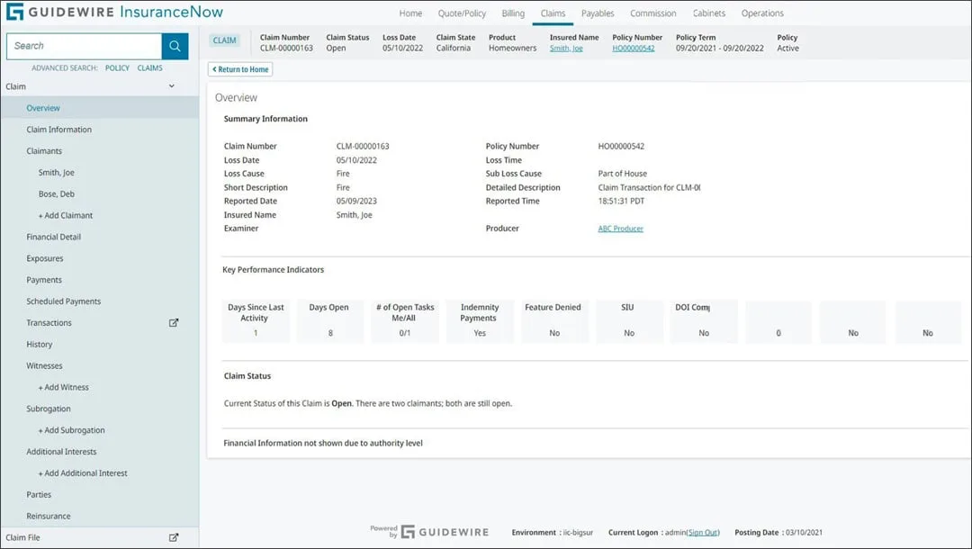 Guidewire InsuranceNow claim overview screen