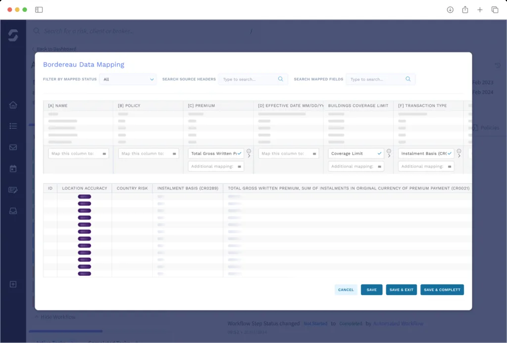 Send bordereaux data mapping screen